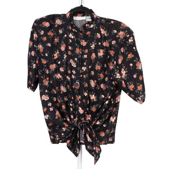 Feruccio VTG Outfit M Women Floral Button Up Tie Shirt Elastic Waist Pants Black - Picture 2 of 7